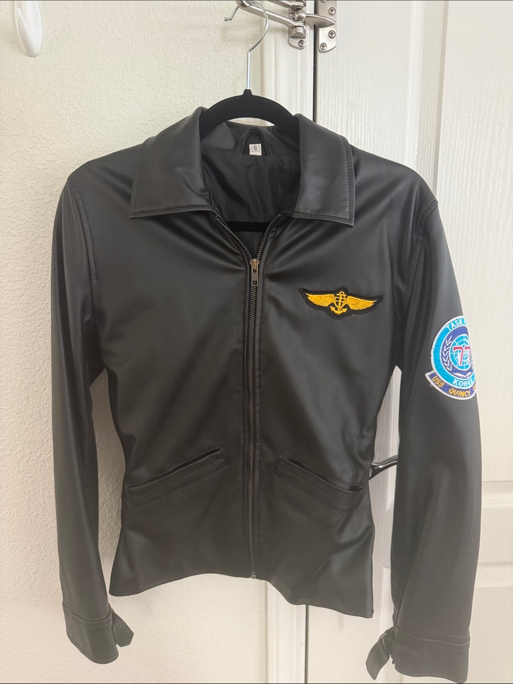 Black Faux Leather Flight Jacket with Wing Patch